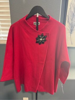 JM Collection Red Open Front Cardigan Sweater Jeweled Flower Brooch
